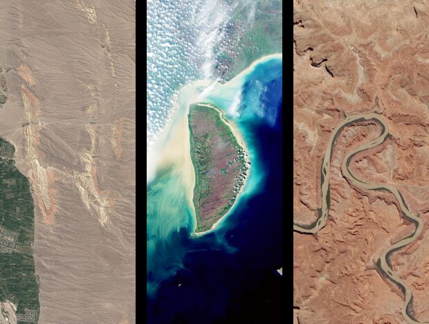 Trois images satellite (Landsat-8) où l'on peut reconnaître des motifs ressemblant aux lettres H, D et R